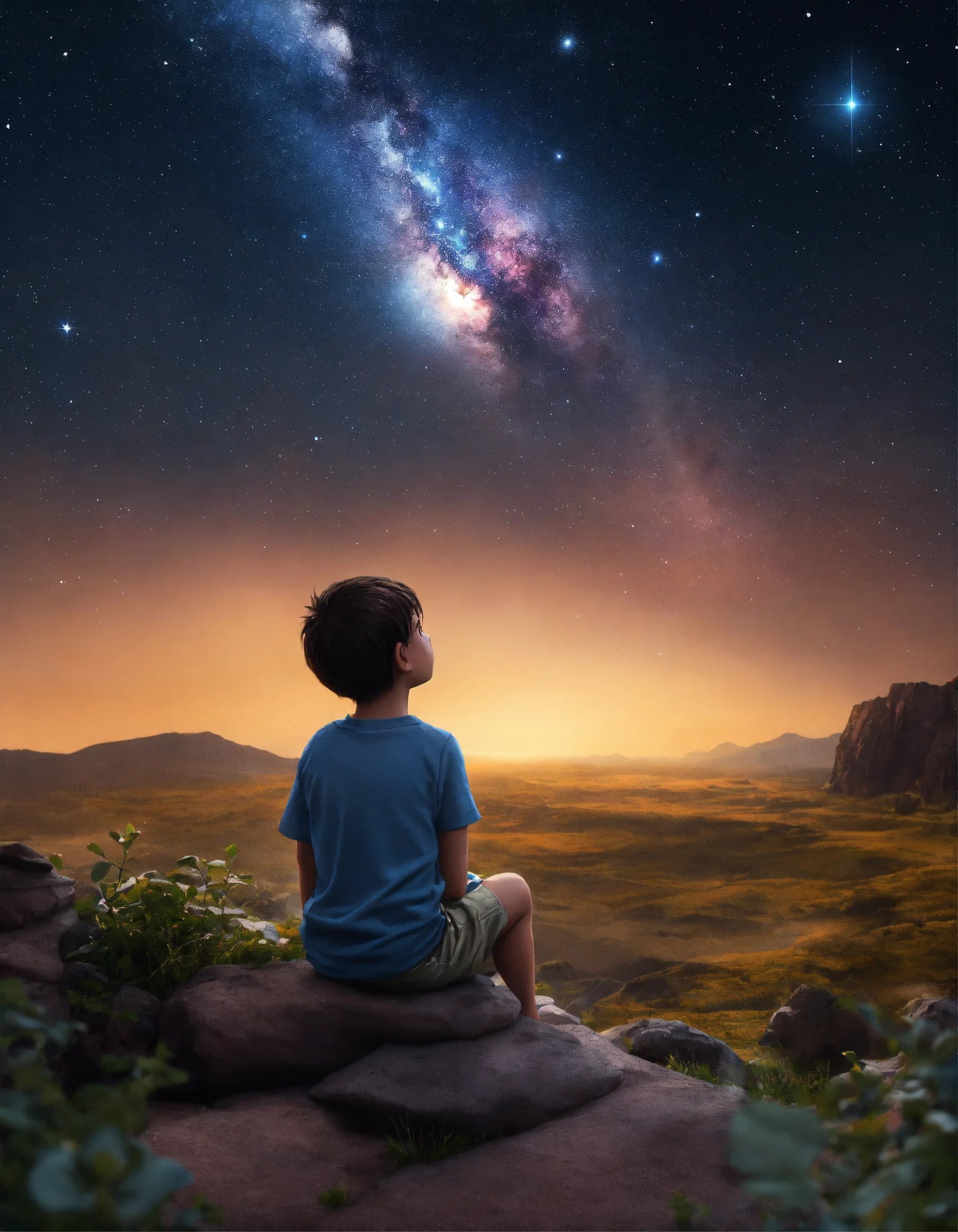 AI image of a child gazing at a starlit sky.
